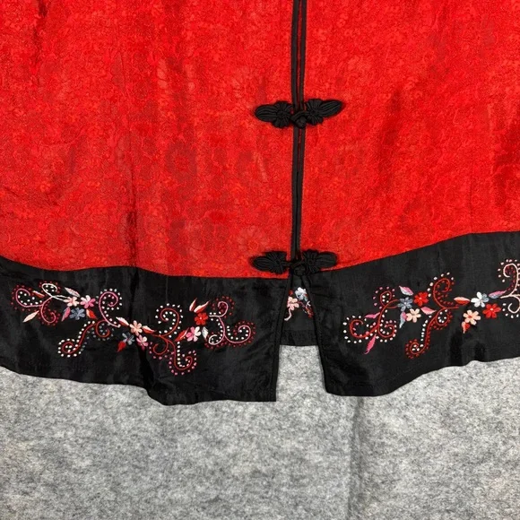 Asian Inspired 100% Silk Red Top Embroidered Hem XXL Festival Lightweight Chic - Picture 6 of 16